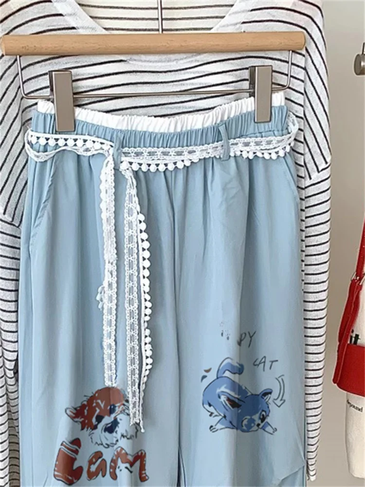 Pantalon de travail taille haute pour hommes et femmes, coupe ample, été, coréen, Sle Dstring, couleur, imprimé Blo, Long