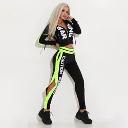 Oshoplive Women's Activewear Two Piece Sets Contrast Color Letter Printed Long Sleeve Zipper Hoodie & High Waisted Sweatpants