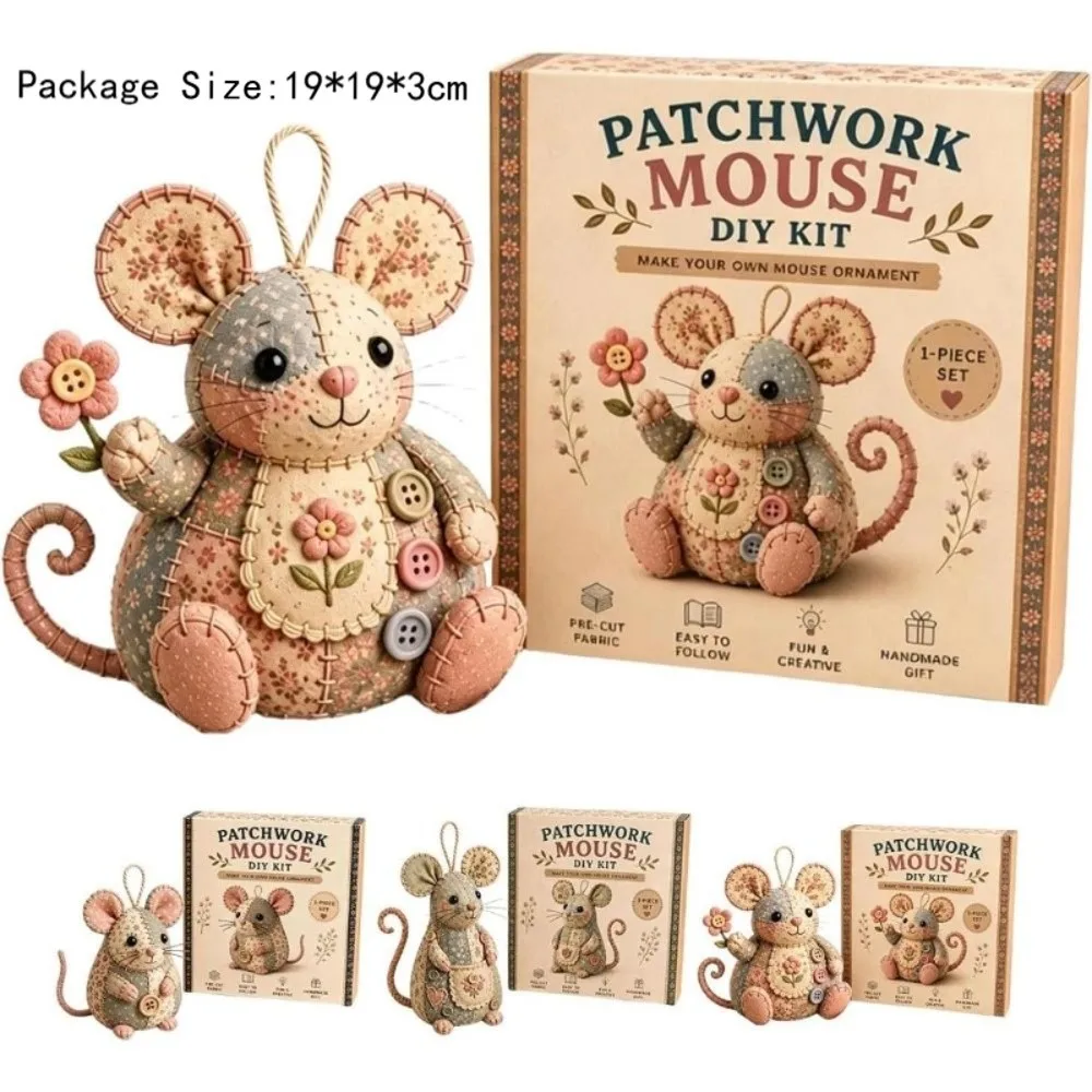 Handmade Patchwork Mouse Kit Pre Cut Fabric Step by Step Guide Patchwork Sewing Craft Set Stuffing Included Buttons Included