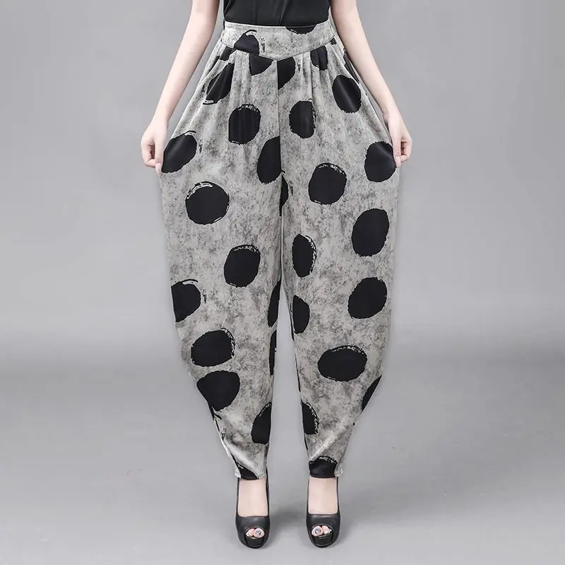 Original Vintage Ethnic Style Spring New Elastic High Waisted Haren Pants Women\'s Printed Dot Patchwork Pockets Casual Trousers