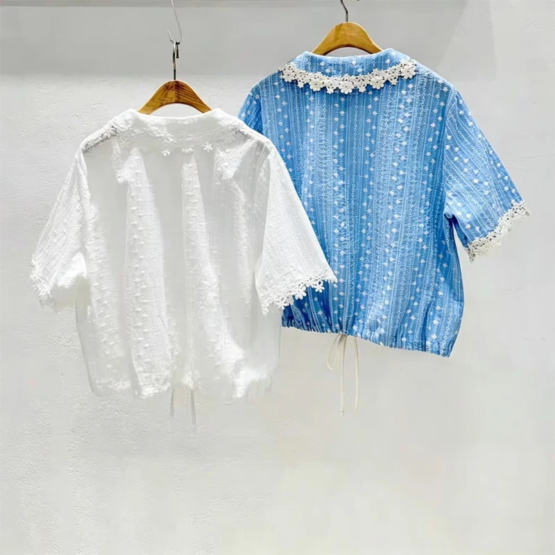 Korean Style Loose Lace Embroidered Flower Short Sleeve Shirt Women's Slimming Stand Collar Top Summer New Arrival