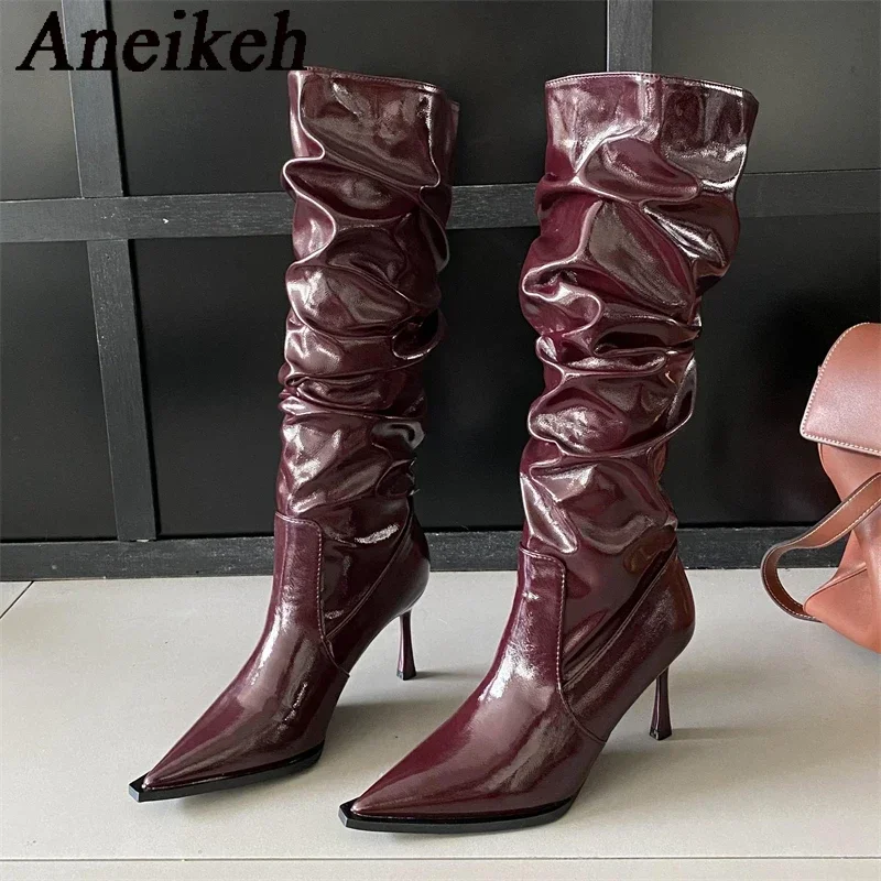 Aneikeh Winter Women's High Boots 2025 New Slim Heeled Western Retro Pleated Knight Long Boots Chaussures Femmes botas feminina