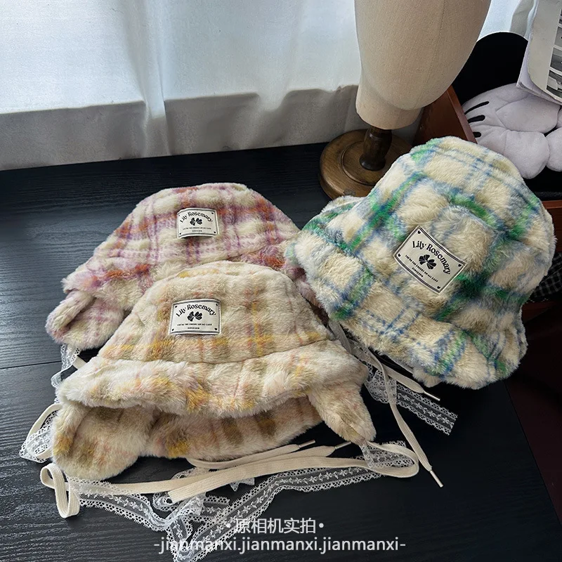 

Корейские осенне-зимние плюшевые клетчатые шапки с бантом, женские уличные защитные шапки для ушей, теплые кружевные ремешки с широкими полями, шапки для бассейна