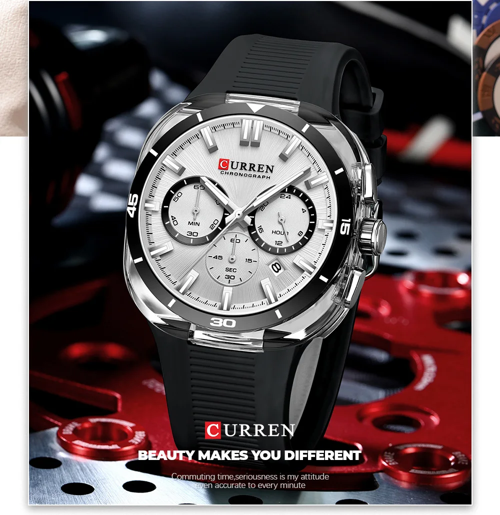 CURREN Herren Luxus-Sportuhr Chronograph Quarz-Armbanduhr mit Silikonarmband Leuchtende Zeiger Relógio Masculino – Detail 16