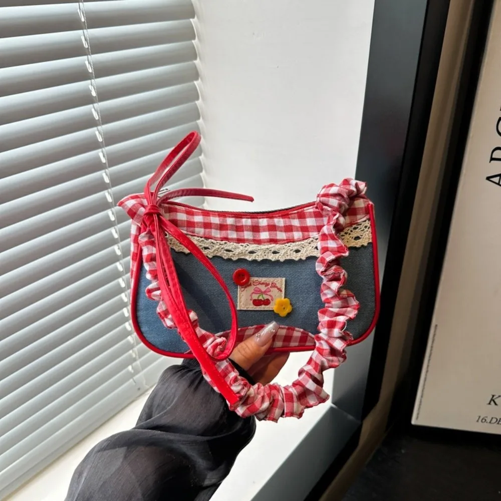 

New Lace Bow Shoulder Bag Texture Design Plaid Pattern Underarm Bag Red Crossbody Bag