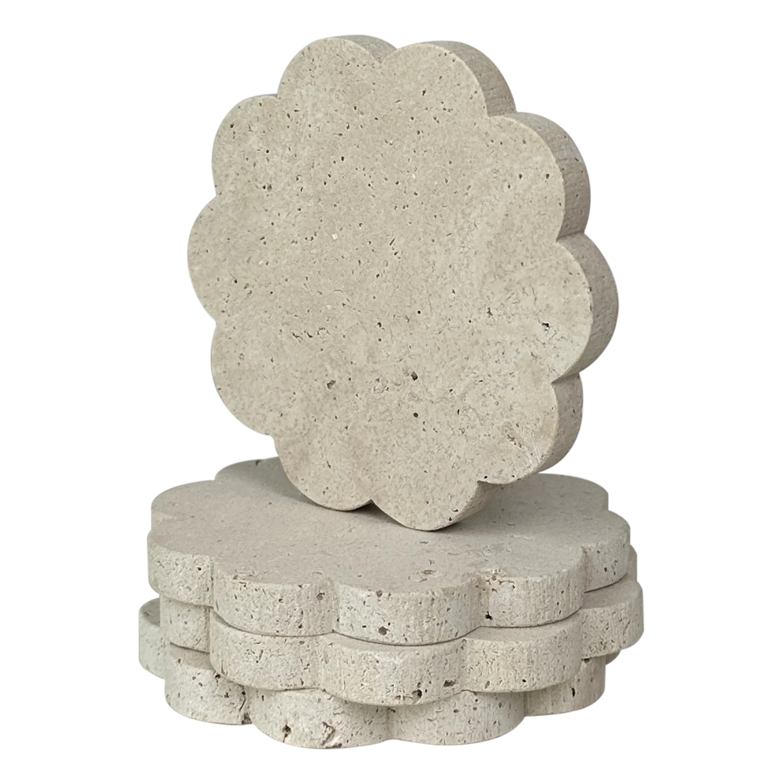 

White Travertine Coaster with Scalloped Edge, Set of 4 Marble Stone Coasters for Drinks(4" Diameter)