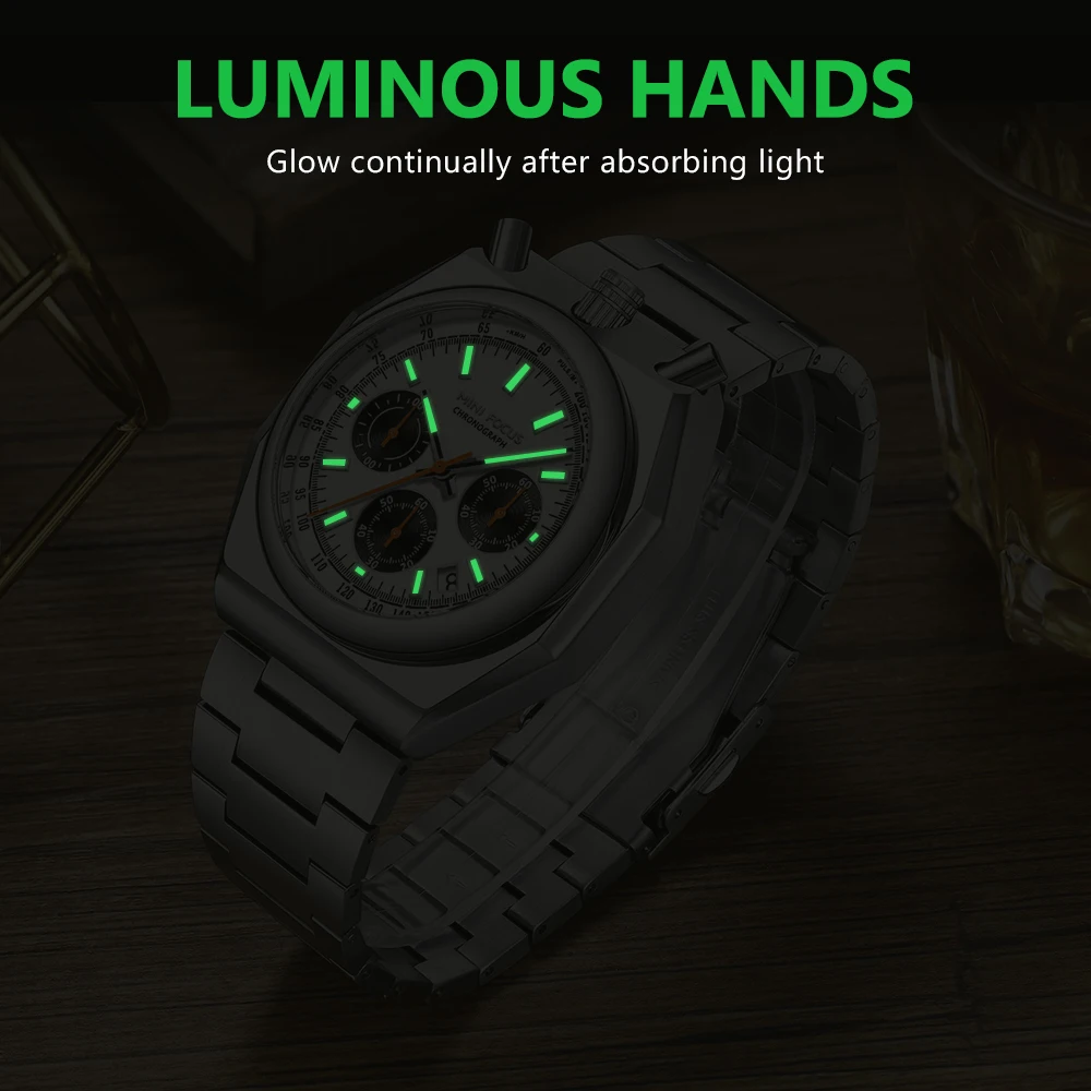 MINI FOCUS البومة على شكل الهاتفي كرونوغراف ساعات كوارتز للرجال التقويم مضيئة متعددة الوظائف سوار فولاذي الثور رئيس ساعة اليد