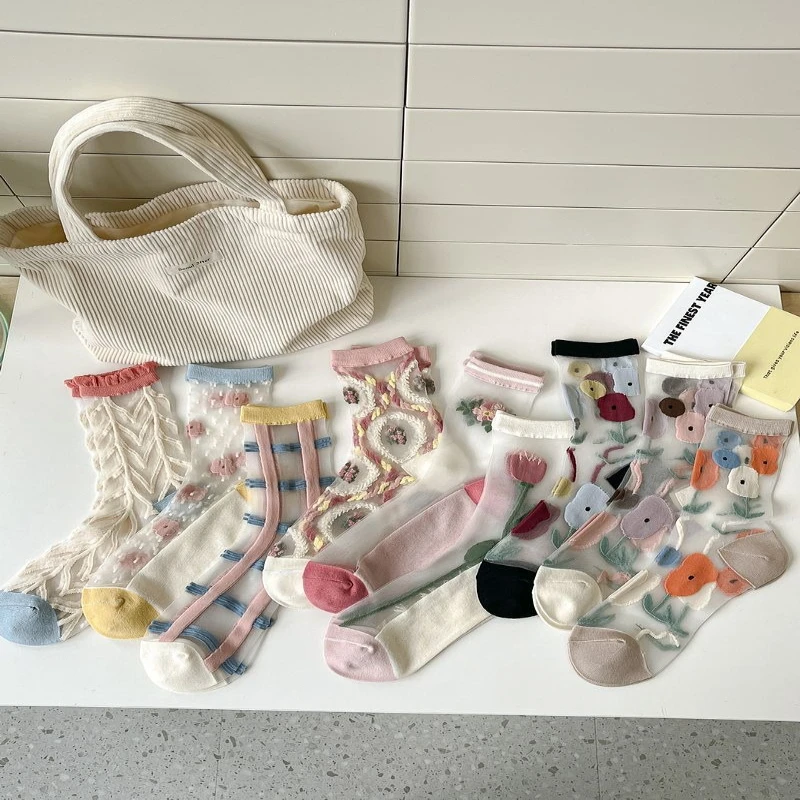 

8 pairs Women's summer thin transparent mid tube socks women's fashion versatile socks breathable comfortable women's socks