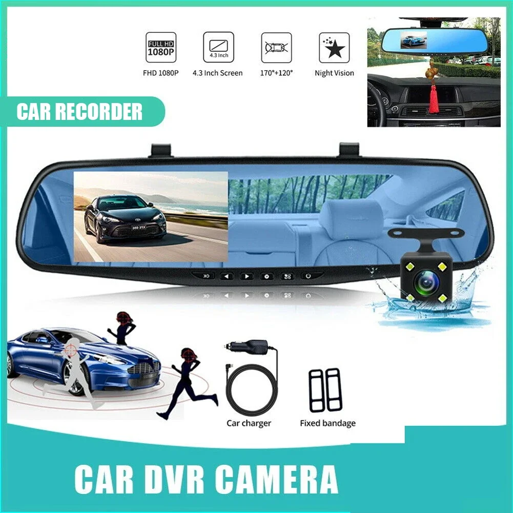 4.3'' 1080P HD Dual Lens Car DVR Dash Cam 170 Degree Wide Angle Reversing Camera Video Recorder Rearview Mirror DVR Black Box