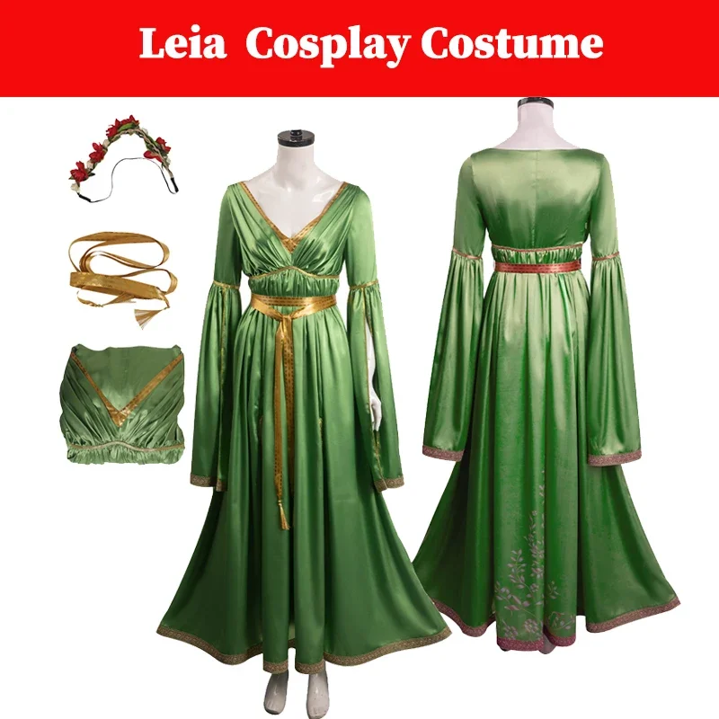 

Leia Cosplay Green Wedding Dress Costume Movie Space Battle Princess Outfits Disguise Adult Women Halloween Roleplay Suits