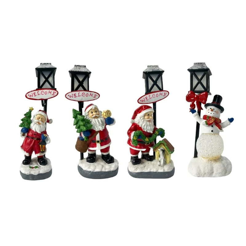 Resins Satas Snowmans Christmas Figurines with Light Up LED Lampost for Festives Home Decoration