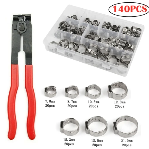 140 Uds. Abrazaderas de manguera continuas de una sola oreja de acero inoxidable 304 abrazaderas de manguera de 7-21mm/1 Uds alicates de abrazadera de Clip de manguera Kit surtido