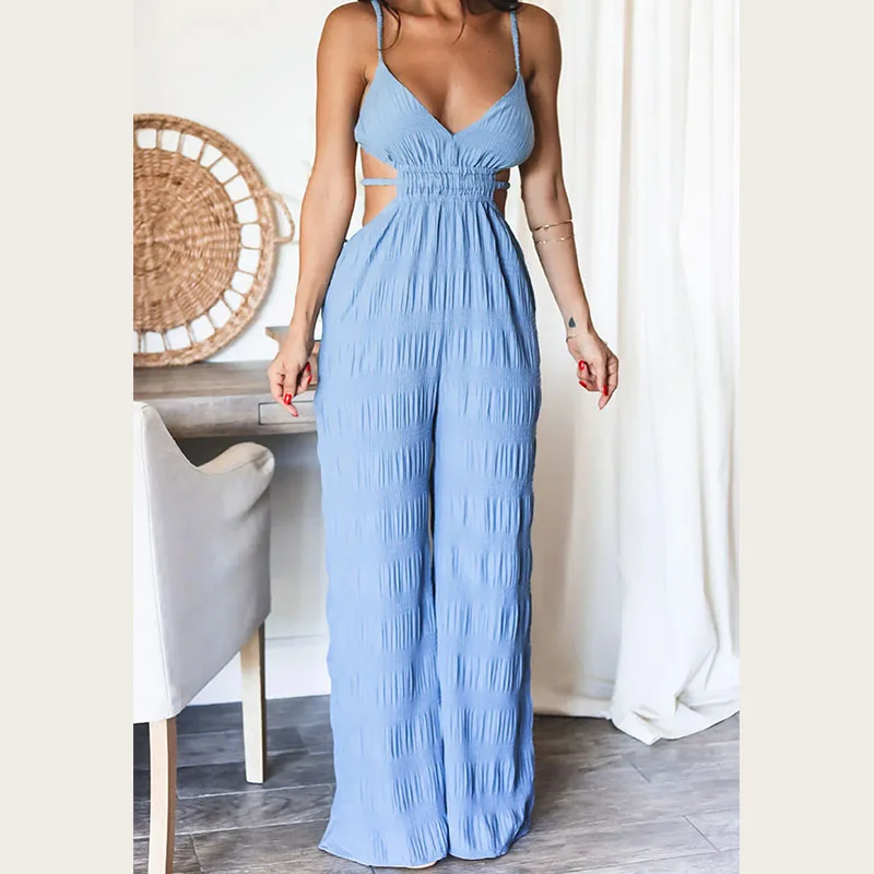 

New Backless Textured Slim Jumpsuit Female Sexy V-neck Hollow High Waist Romper Fashion Sleeveless Summer Suspenders Playsuits