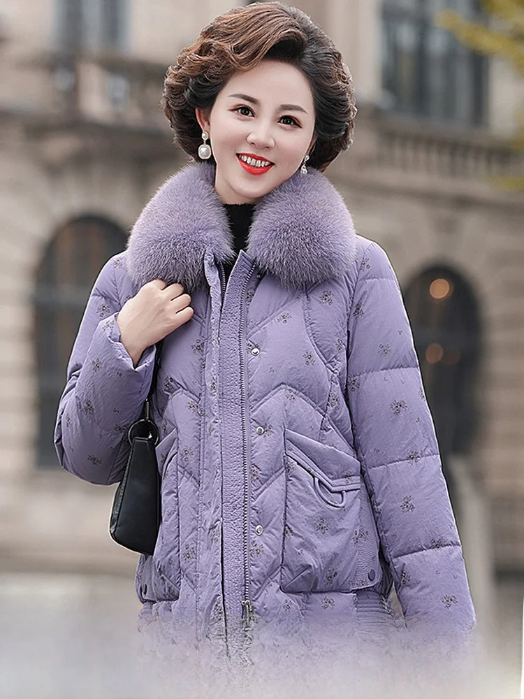 

Snowy Flight 2026 Spring New Women's Mom Sle ort down Jaet Fur Collar Warm Ethnic Patterned Ci Casual Long Sve