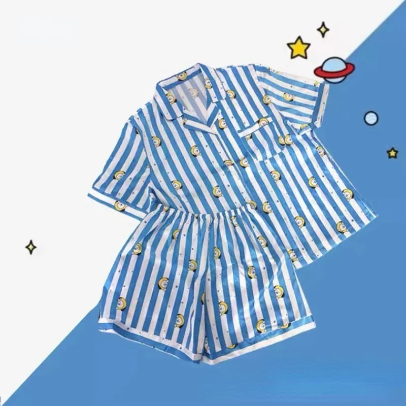 Women Pajamas Striped Spring Summer Cartoon Print Sleepwear Kawaii Cute Nightwear Loungewear Clothing Sets Comfortable Home Wear