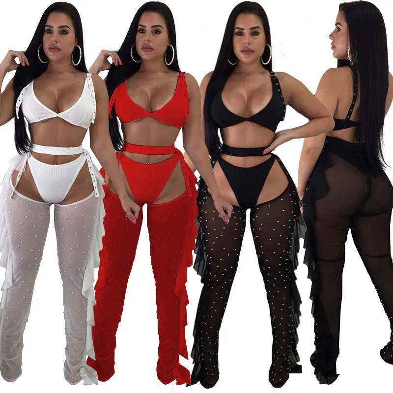 Three-Piece Suit for Women, Sexy Mesh Tops and Pants, Nail Bead, European and American