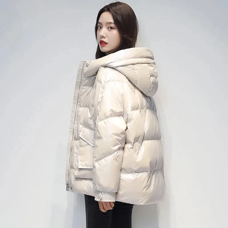 Chaqueta cálida para mujer, abrigo con capucha acolchado de algodón brillante, chaquetas informales gruesas Parker a prueba de viento y lluvia para invierno 2025