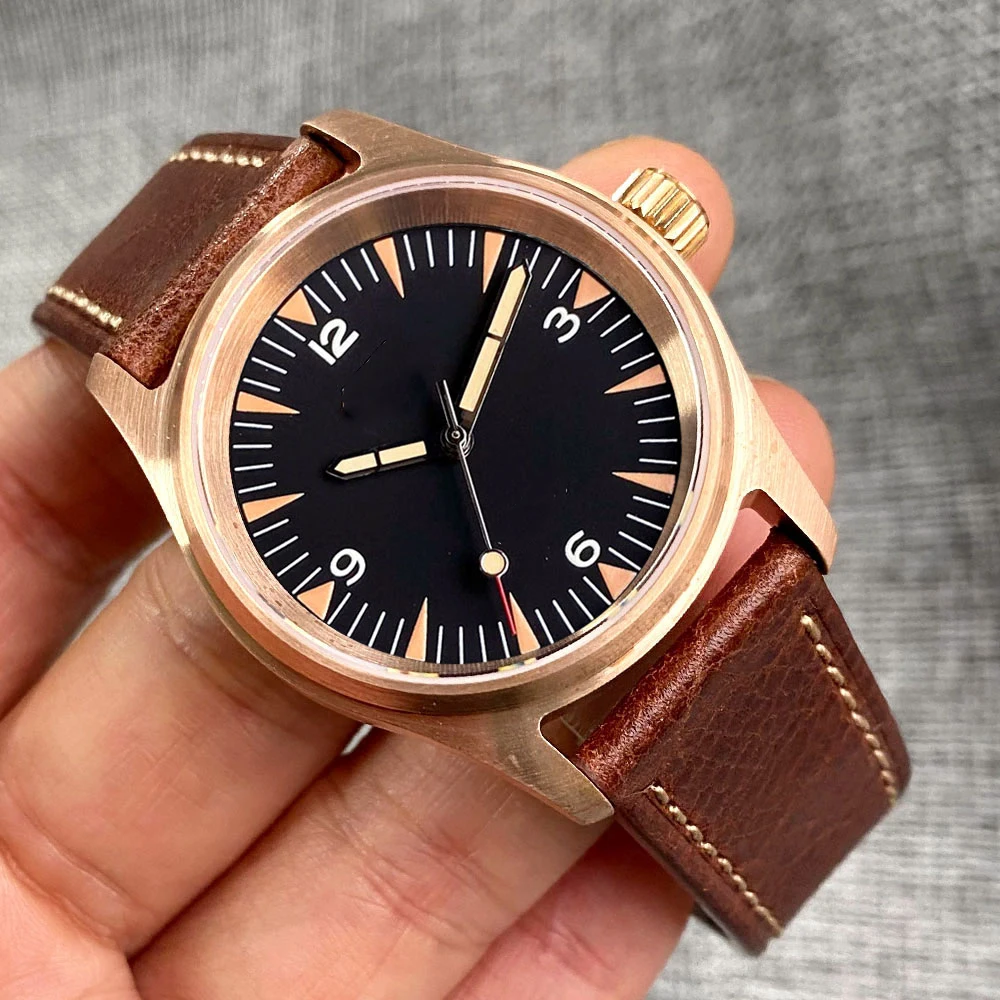 36mm Tandorio Solid Full Cusn8 Bronze NH35 PT5000 200m Waterproof Diver Automatic Black Men Watch Sapphire Crystal Leather Strap