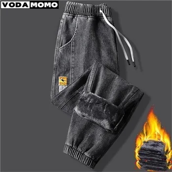 새로운 남성 청바지 겨울 양털 청바지 두꺼운 따뜻한 데님 바지 남성 streetwear 블랙 조깅 하렘 진 열 바지 바지 남성