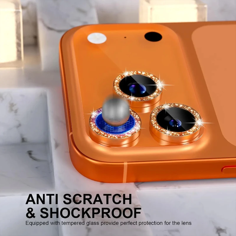 Immagine 5: Protezione Fotocamera con Cornice Metallica Diamantata Bling Glitter per iPhone 18 Pro Max 17 16 Pro, Anello in Lega con Pellicola Protettiva in Vetro Temperato per Lente