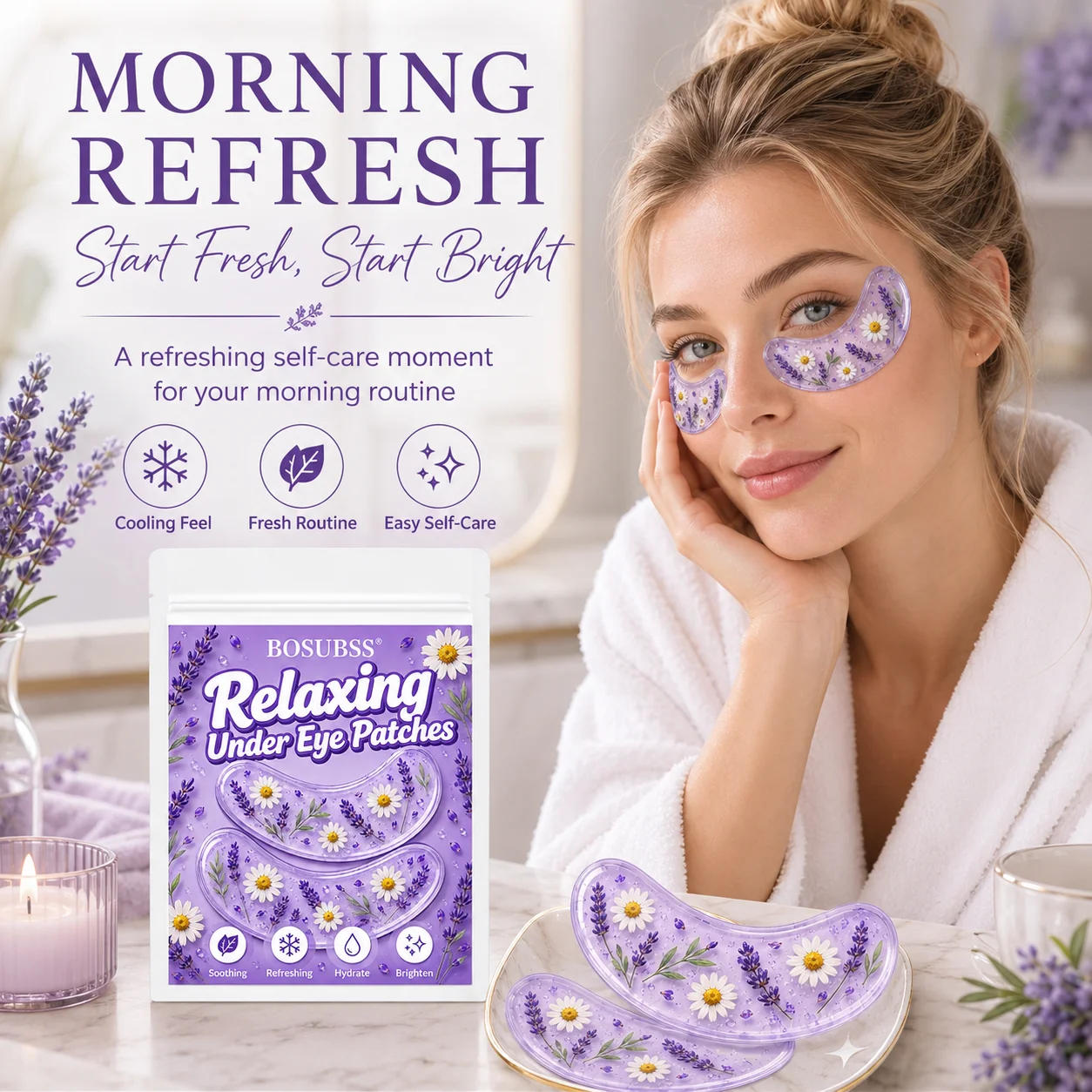 10PCS/5Pairs Lavender Floral Under Eye Beauty Patches, Soft Gel-Feel Curved Eye Patches with Easy-Peel Design for Daily Self-Car