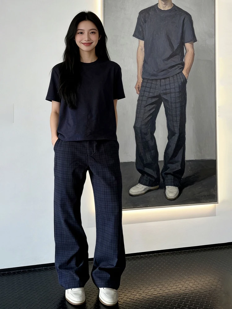 

Мужские повседневные брюки в американском ретро-стиле, синие в клетку, свободного кроя, прямые, длинные, в стиле Old Money, весенние