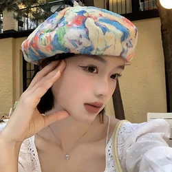 Tie Dye Floral Berets French Designer Silk Artist Hat for Women Spring Autumn Vintage Girls Painter Hats Beret Femme Cap 2023