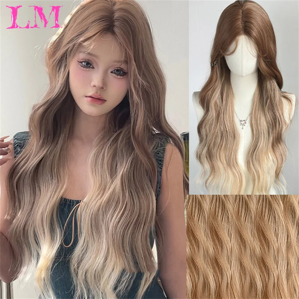 

LM Синтетический длинный кружевной парик Ombre Blonde Волнистый парик для женщин Средняя часть Вьющиеся естественно выглядящие термостойкие волокна на каждый день