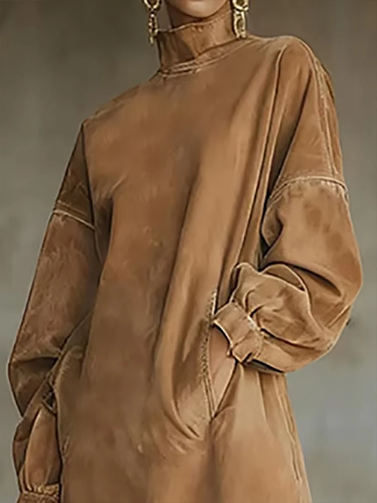 

Women's Turtleneck Suede Vintage Midi Dress Solid Loose Long Sleeve Tassel Hem Autumn Fashion Dress Retro Female Western Dresses