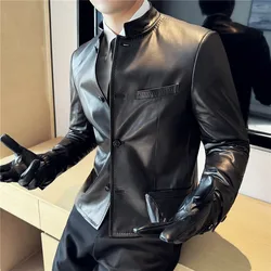 Autumn Chinese Style Stand Up Collar Leather Jacket Men's Motorcycle Jackets High-end Casual Business Short PU Leather Coats