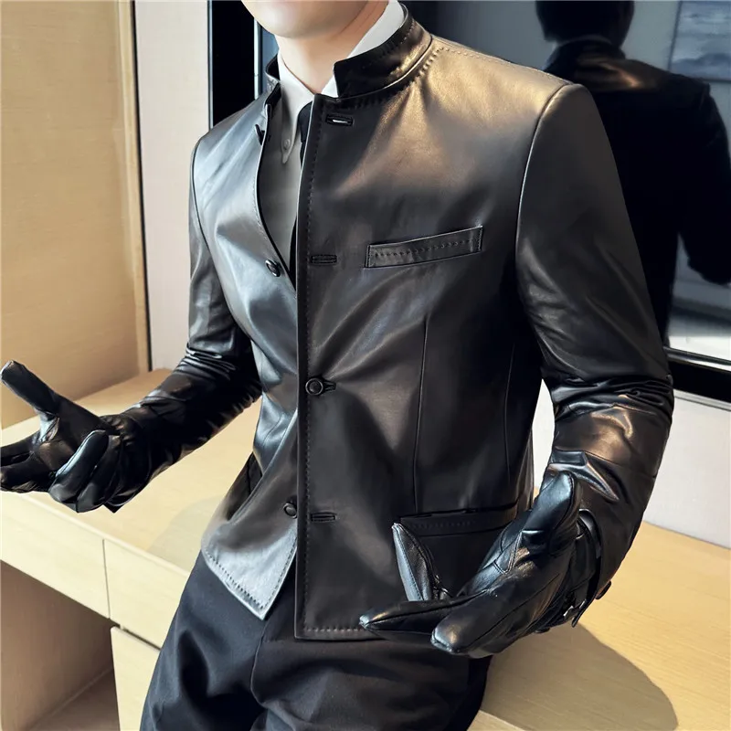 Autumn  Chinese Style Stand Up Collar Leather Jacket Men's Motorcycle Jackets High-end Casual Business Short PU Leather Coats