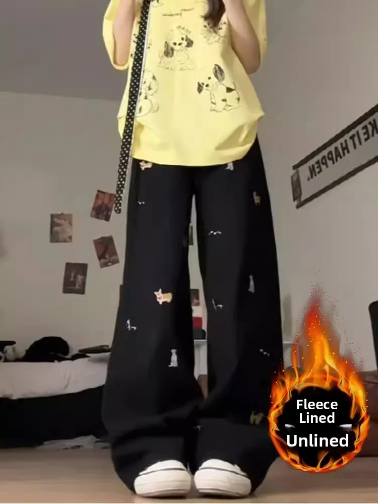 

Black Embroidered Fleece Lined High Waist Loose Fit Straight Leg Jeans Women's Casual Style Machine Embroidery Cotton Fabric