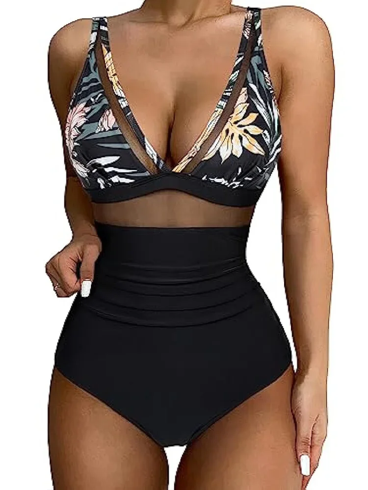 Bikini plisado con estampado de leopardo para mujer, traje de baño Sexy de una pieza, Bikini de playa de cintura alta, nuevo traje de baño de verano 2025, traje de baño de una pieza