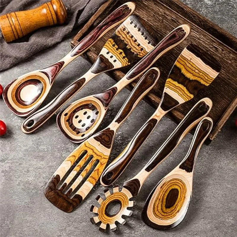 

D9-7Pcs Pakkawood Utensils Set Kit -Durable, Eco-Friendly, Wooden Spoon For Cooking, Wooden Utensil Set Kit For Cooking