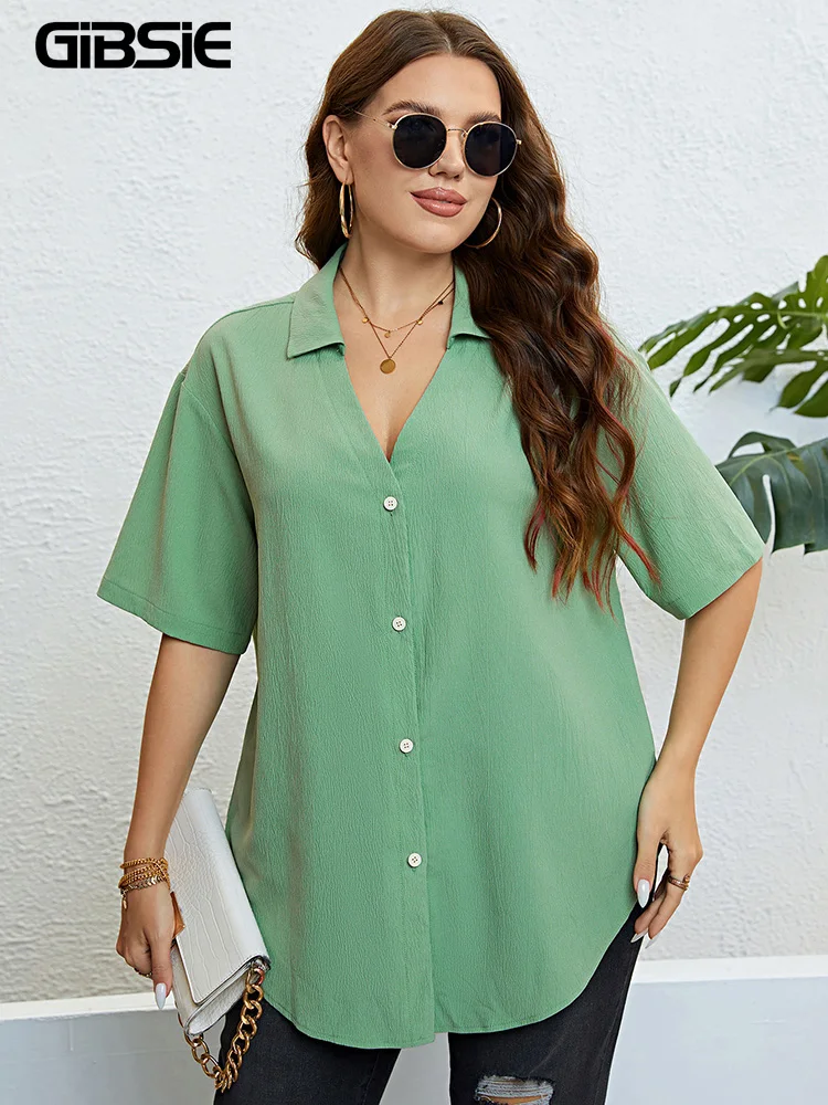 

GIBSIE Plus Size Drop Shoulder Solid Women Shirts Fashion 2023 New Summer V Neck Half Sleeve Button Up Woman Casual Shirt Tops