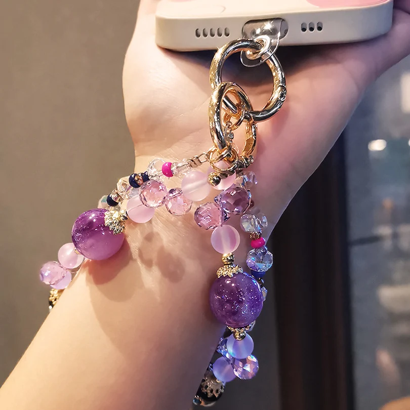 Luxury Purple Crystal Bracelet Mobile Phone Lanyard with Short Wrist Strap Clip Style Phone Case Universal Lanyard Key Princess