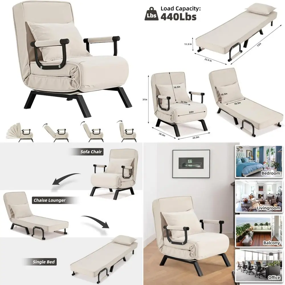 Upholstered Tri-Fold Sleeper Chair with Pillow, Folding Adjustable Lounge Couch for Comfortable Relaxation