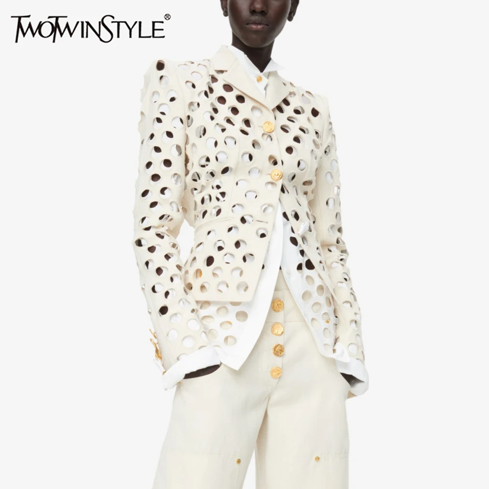 TWOTWINSTYLE Modern Hollow Out Jackets Women Lapel Neck Long Sleeve Gold Ornament Buttons Loose Jacket Streetwear Fashion New