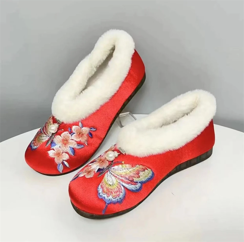 Winter Thick Embroidery Butterfly Cotton Hanfu Shoes Women Chinese Retro Soft-soled Non-slip Indoor Outdoor Breathable Flats New