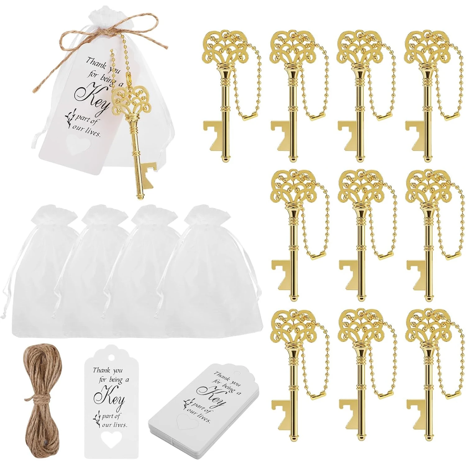 10Sets Vintage Key Bottle Opener with Organza Bags, Thank Tags, Jute Rope Chains Wedding Gifts and Baby Shower Favors for Guests