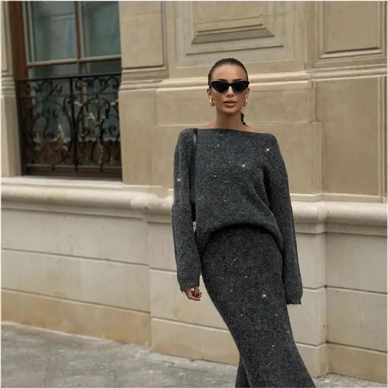 2025 New Fashionable Casual Lazy Style Loose Top+Fishtail Skirt Set Women's Round Neck Knitted Glitter Set Shining