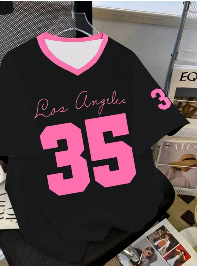 

Summer Fashionable NO.35 Print Los Angeles V-Neck Women's Basic T-Shirt Loose and Comfortable Short Sleeve T-shirt Tops Tee