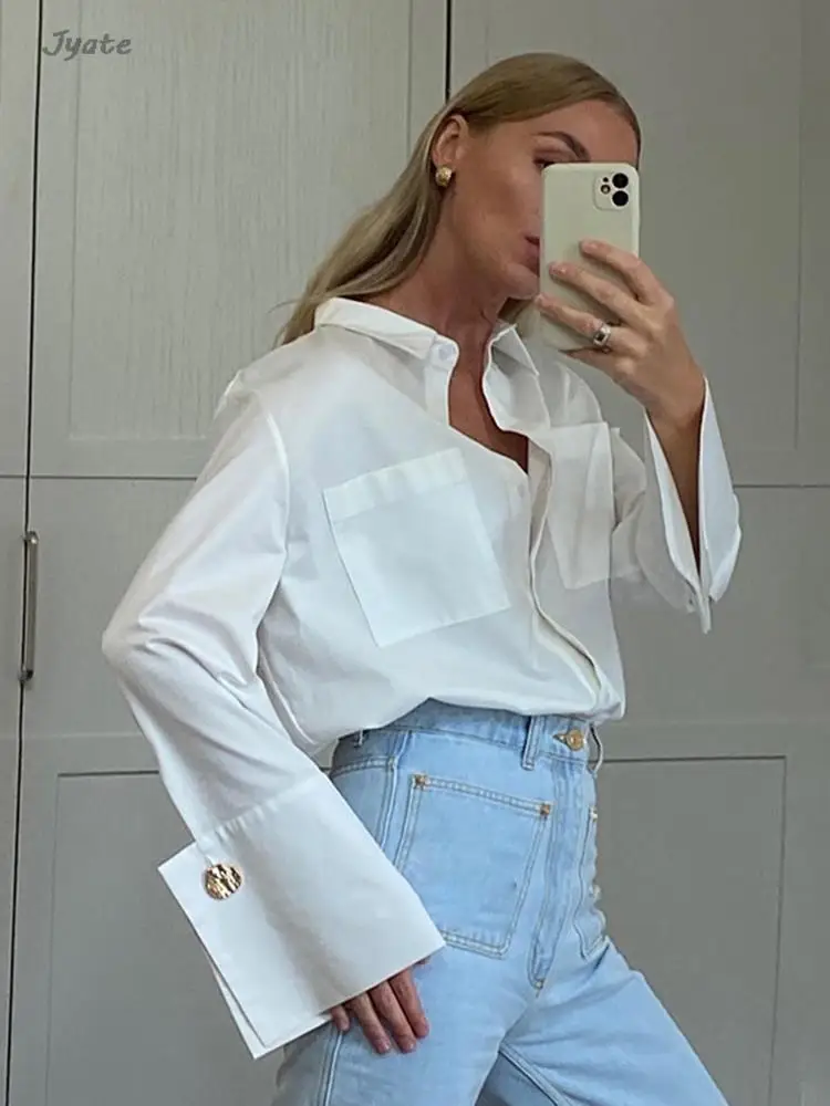 

Jyate Fashion Woman Blouses 2024 Elegant Lapel Long Sleeve Office Lady Shirts Casual Loose White Pockets Tops Female Clothing