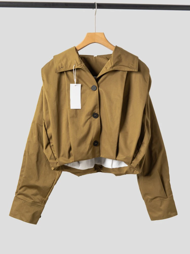 

Модные плиссированные укороченные куртки, пальто, женские повседневные однобортные пальто большого размера с длинными рукавами, новинка 2025, осенняя корейская шикарная верхняя одежда