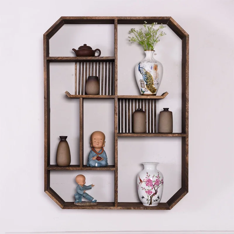 Retro Wall Hanging Storage Rack, Solid Wood, Chinese Style, Retro Living Room, Tea Set Stationery, Multiple Grids