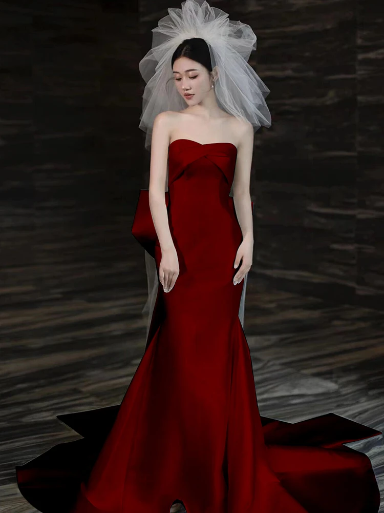 

Летнее роскошное свадебное платье фасона «русалка» без бретелек, длиной в пол, драпированное, цвета бордо, корейский стиль, с завышенной талией