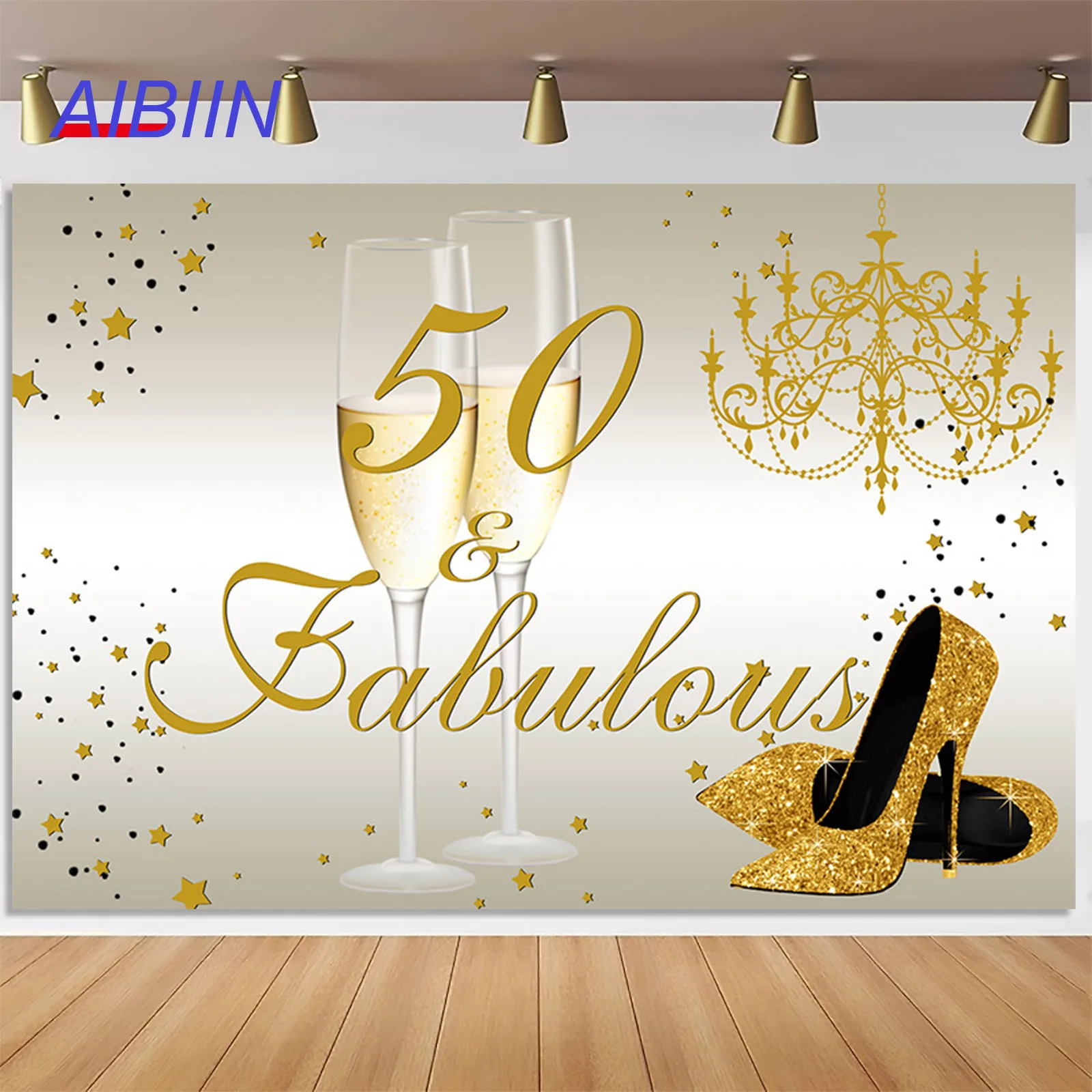 

Happy 40th 50th 60th Birthday Party Backdrop Decor for Women Gold High Heels Champagne Fabulous Photography Background Banner