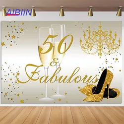 Happy 40th 50th 60th Birthday Party Backdrop Decor for Women Gold High Heels Champagne Fabulous Photography Background Banner