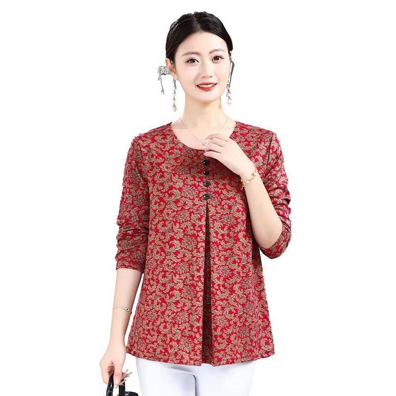 Middle-aged Mother Short sleeve T-SHIRT Spring Summer Shirts Loose O Neck Fashion Elegant Print Blouses Female Casual Tops