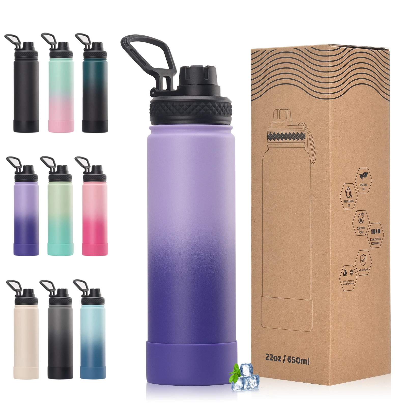 WATERSY 650ml Doppelwandige Thermoflasche Edelstahl Isolierflasche mit Griff Sport-Wasserflasche Vakuumflasche Hält Kalt